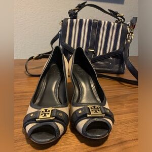 Tory Burch Ambrose 65mm Tory Burch Beige Canvas And navy Leather Trim Wedge 9.5